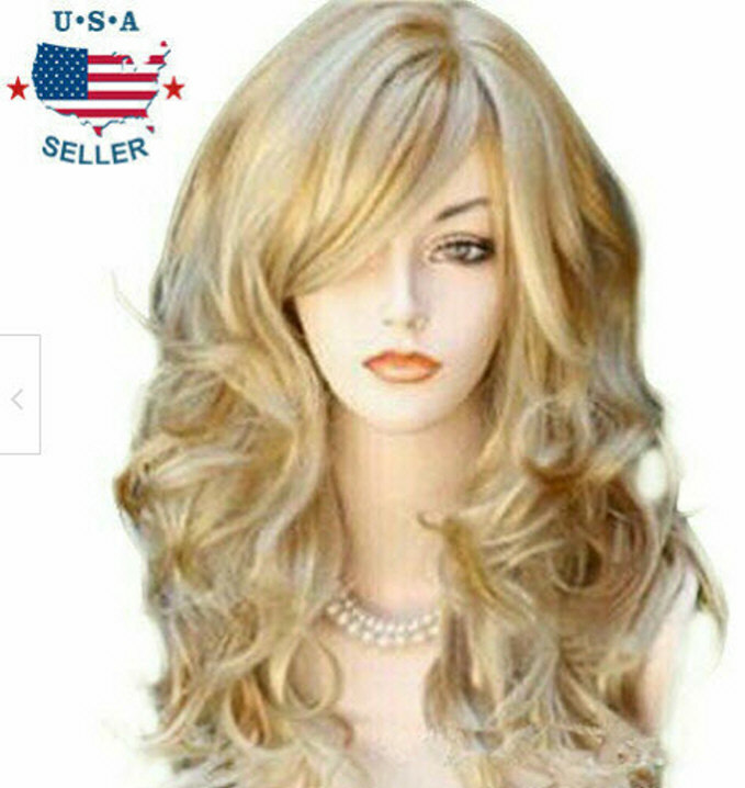 Womens Golden Blond Heat Resistant 23″ Long Curly Wavy Full Volume Hair Wig USA;