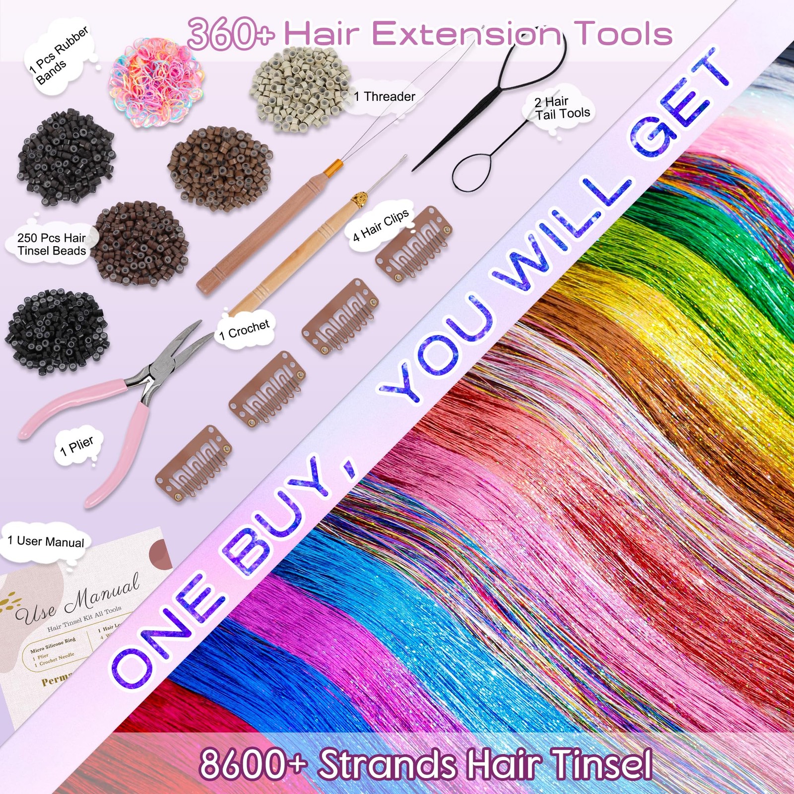 Hair Tinsel, 18 Colors Fairy Hair Tinsel Kit for Teen Girls 8600 Strands Heat…
