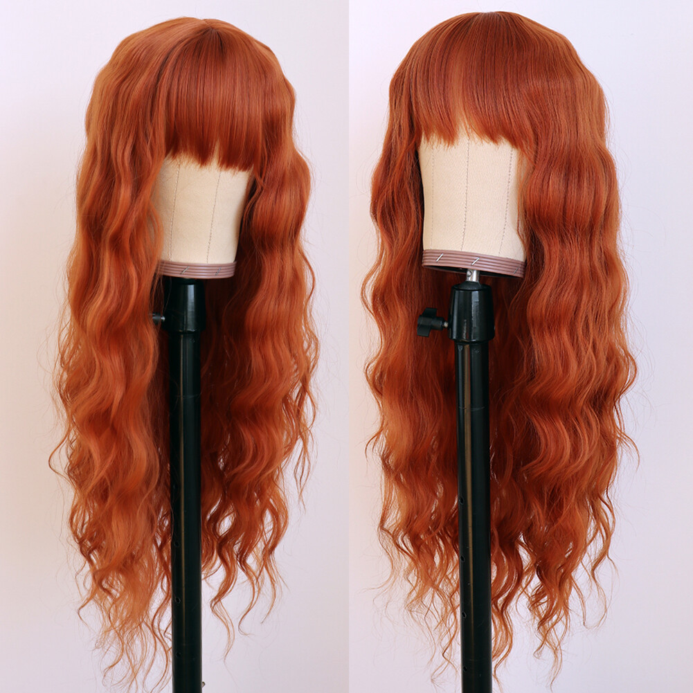 Long Loose Wavy Wig Orange Heat Resistant Synthetic Hair Wigs Full Bangs Natural