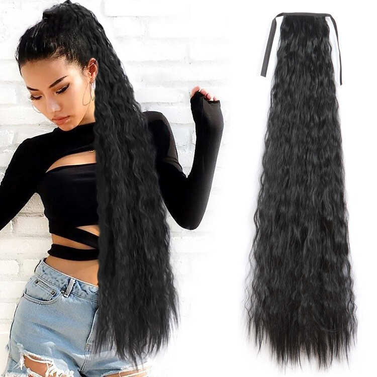 33in 140g Curly 85cm As Human Hair Extensions Corn Wave Ponytail Hairpiece Black