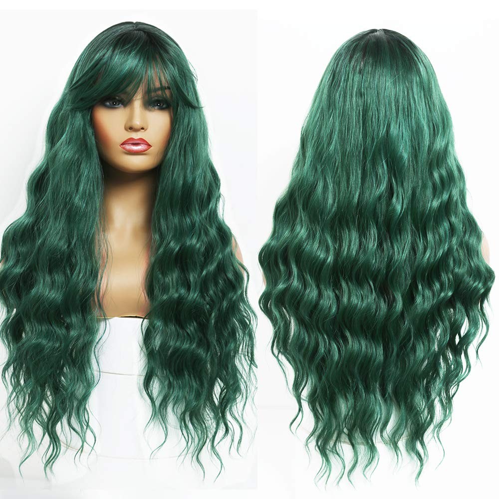 Green Wig with Bangs Blue Color Wig Wet and Wavy Long Loose Curly Wave Synthe…