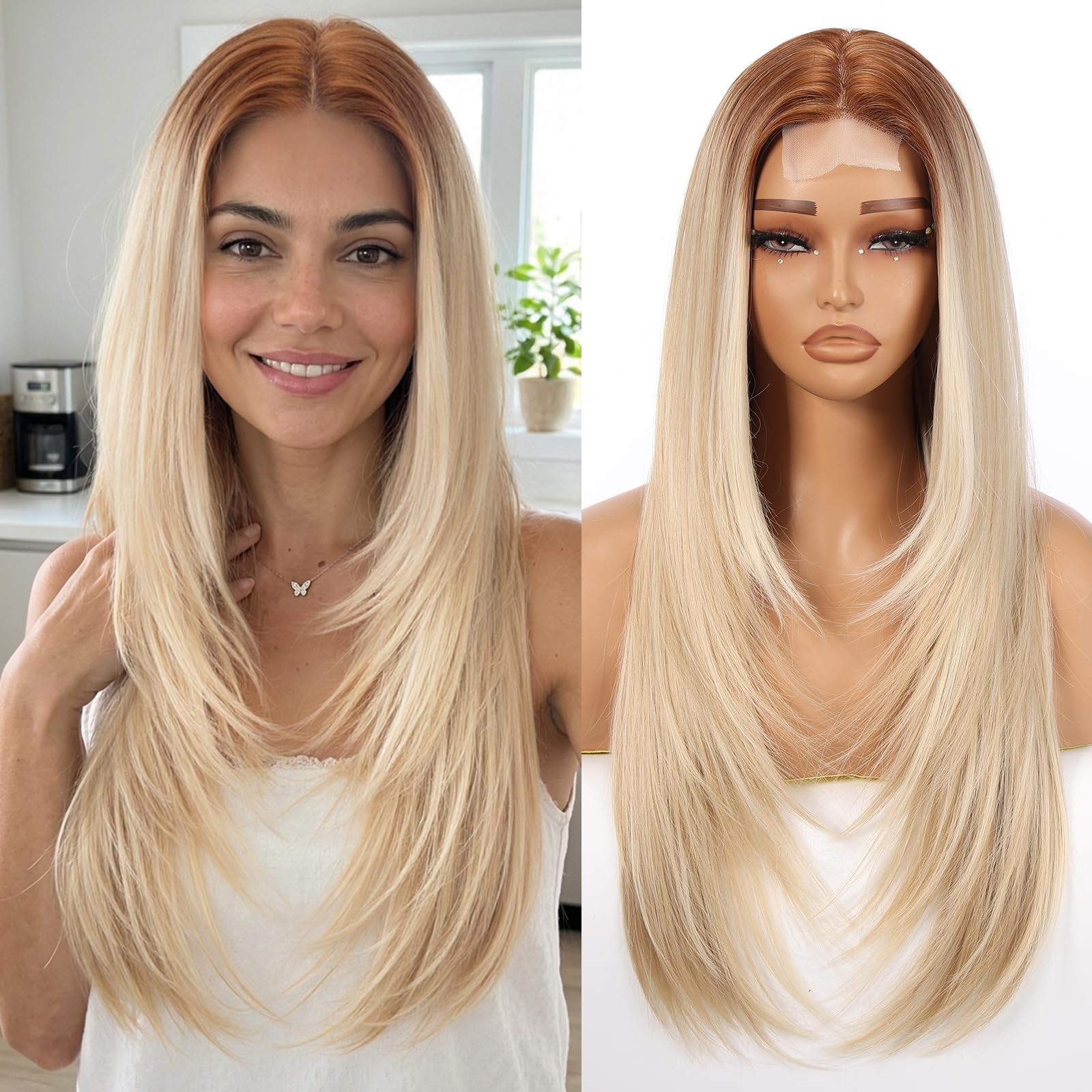 Highlight Blonde Lace Front Wigs For Women lace Hairline Long Straight Layere…