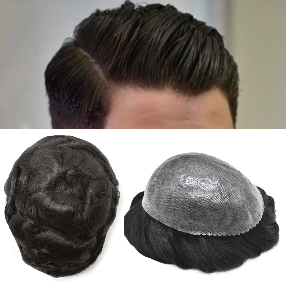 US Mens Toupee Full Poly Thin Skin Hair Replacement System Units Hair Piece