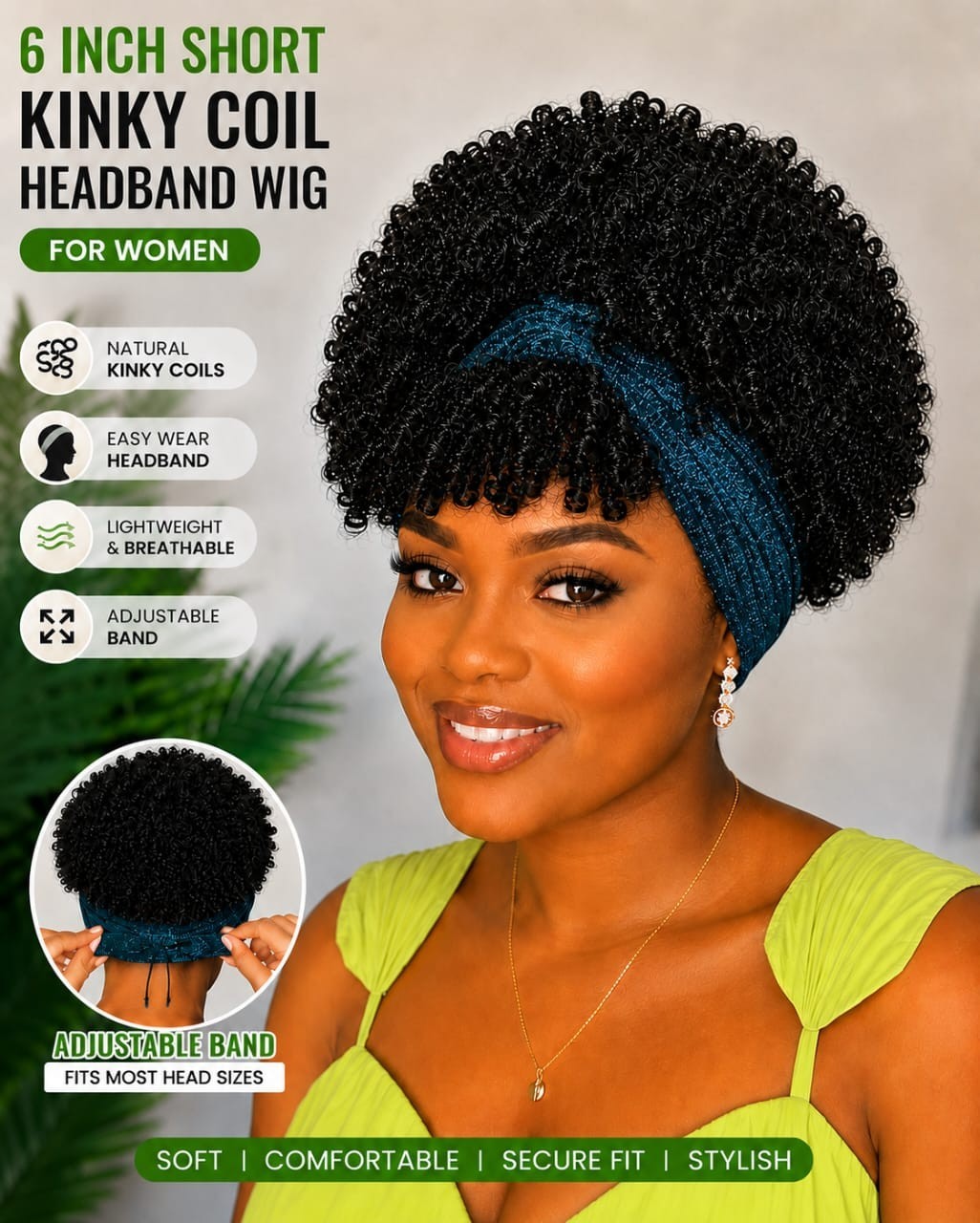 Women’s 6-Inch Short Kinky Coil Headband Wig, Dark Teal, Adjustable