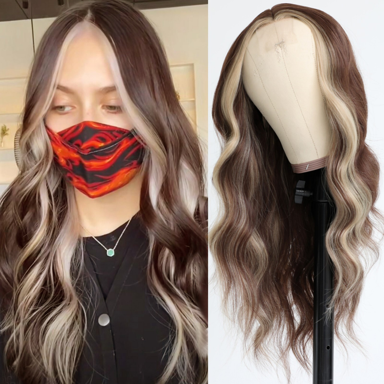 Ombre Brown Blonde Synthetic Lace Wigs Long Wavy Highlights Hair Heat Resistant