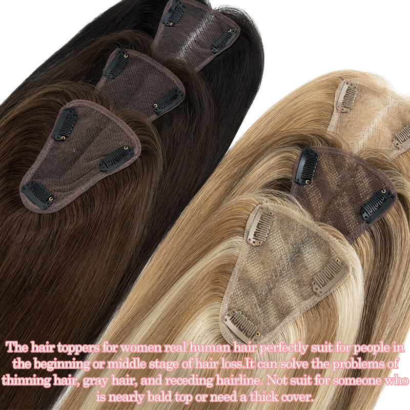 100% Remy Human Hair Extensions Clip In Silk Base Hairpiece Topper Free Part