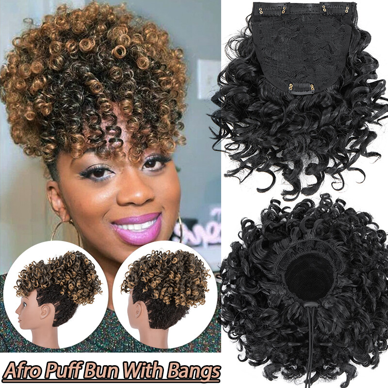 Afro Kinky Curly As Human Hair Short Ponytail Bun Clip In Bangs For Black Women
