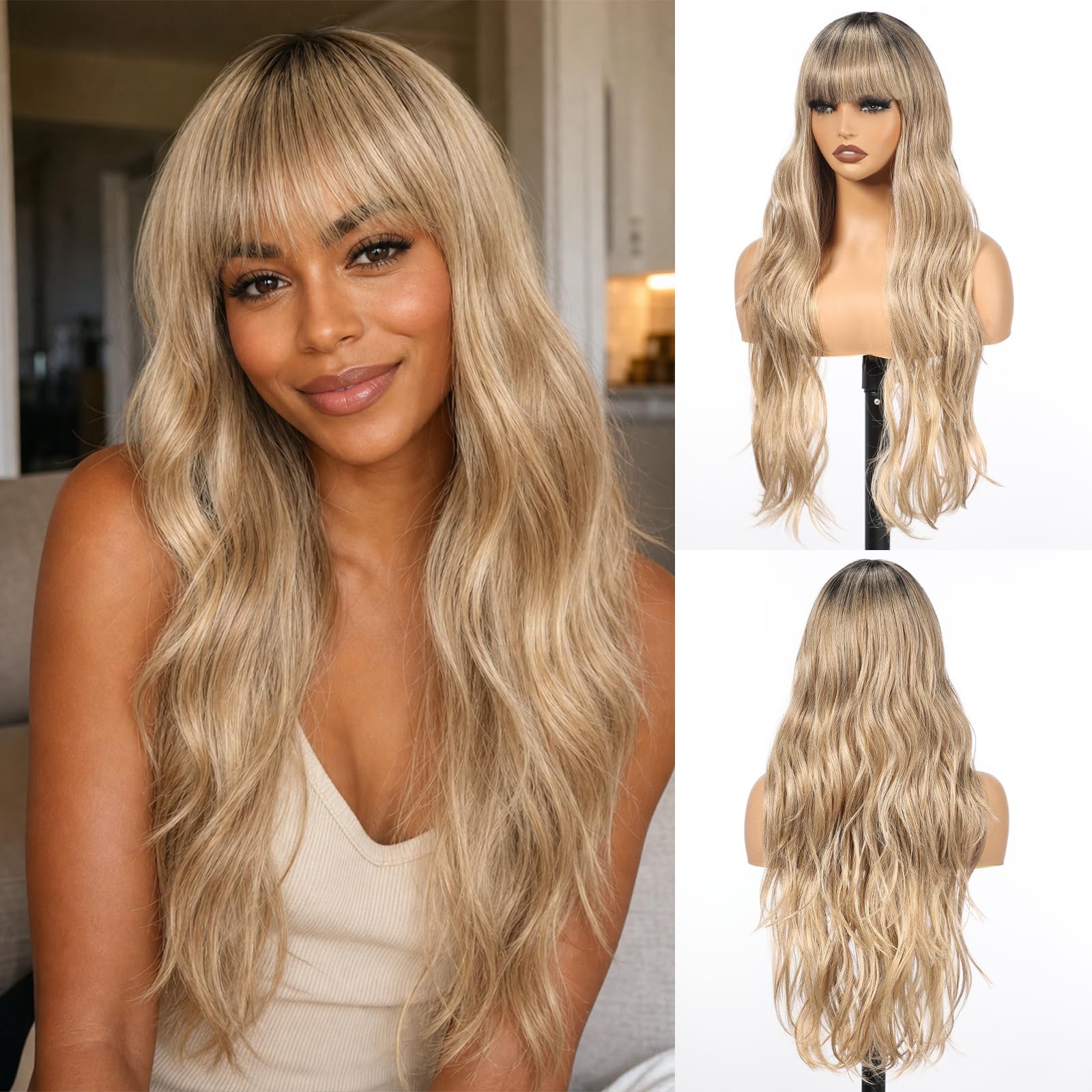 Long Ombre Blonde Wig with Bangs for Women, 26 Inch Long Curly Lace Wig Natur…