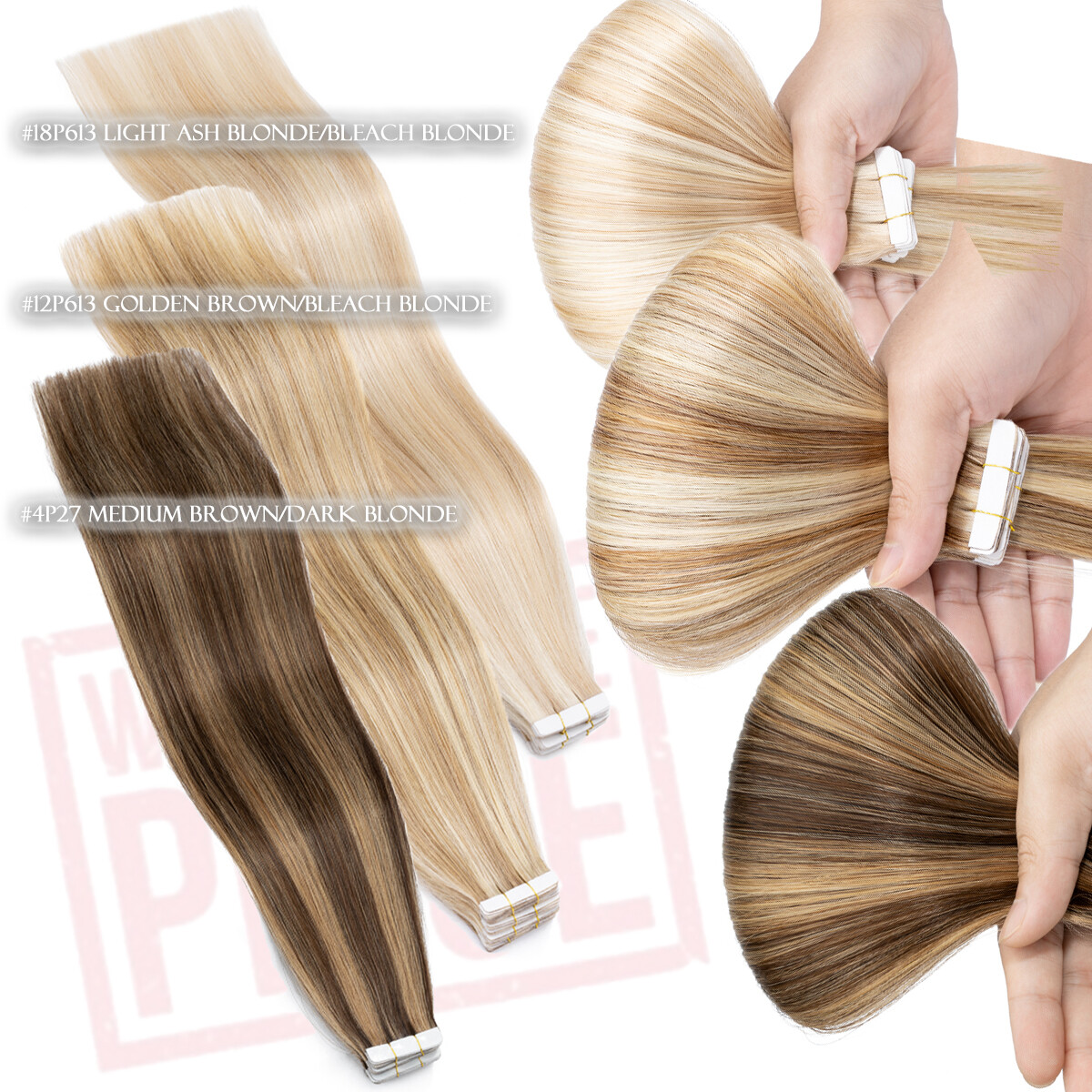 10-80PCS Invisible Tape In Skin Weft Remy Human Hair Extensions Full Head White#