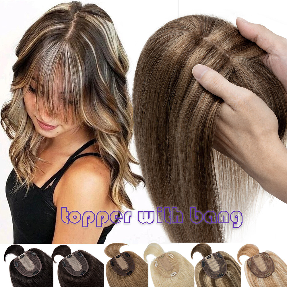 Top Silk Base 100% Remy Human Hair Topper Toupee Top Hairpiece Clip In Bangs Wig