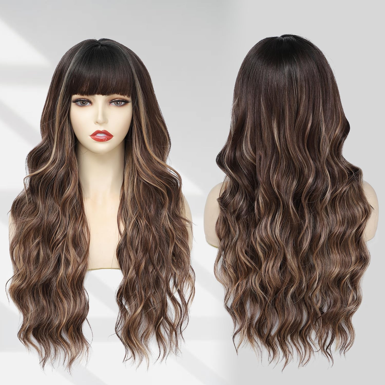 Long Highlight Brown Wig for Women 26″ Dark Brown Wig with Bangs Wavy Hair Mo…