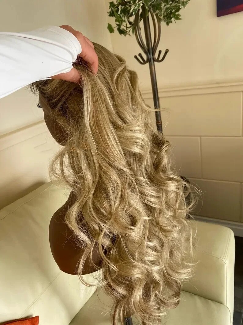 Ash Blonde Long Curly Wigs for Women 100% Human Hair Blonde Lace Front Wigs