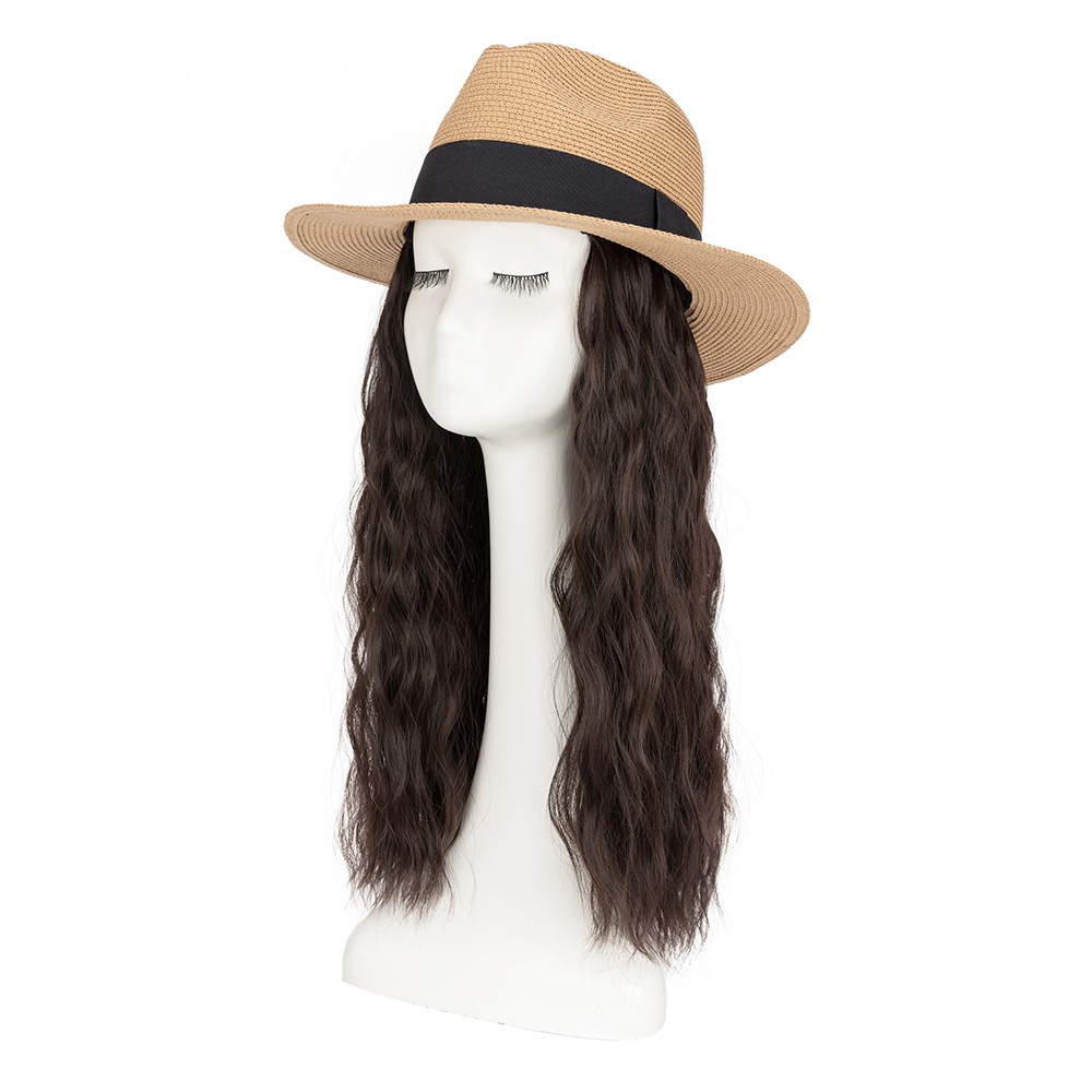 Long Wave Sun Hat Wig with Synthetic Hair Adjustable Straw Beach Cap For Women