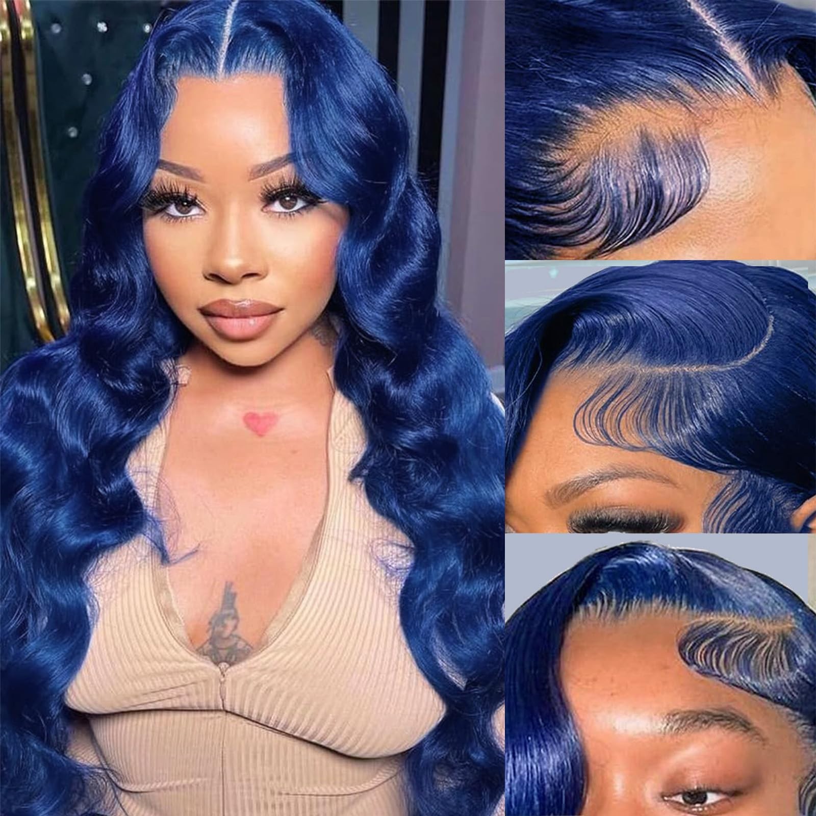 26″ Blue Lace Front Wig Human Hair Body Wave 13×4 HD Transparent Frontal 180% De
