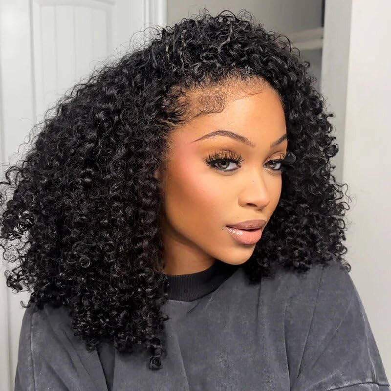 Kinky Curly Half Wig Human Hair 180% Density 16″ Glueless Clip-In Drawstring
