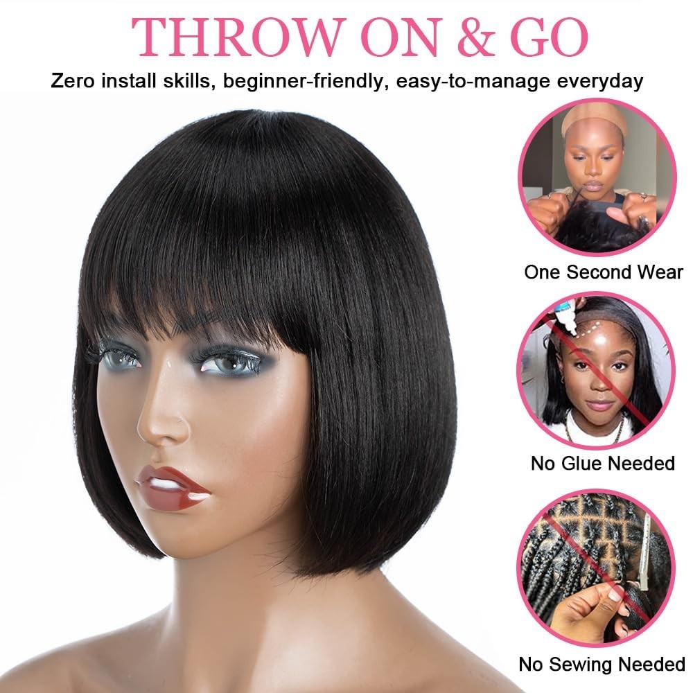 Short Bob Wig Human Hair with Bangs Straight Bob Wig with Bang Machine Made Wig