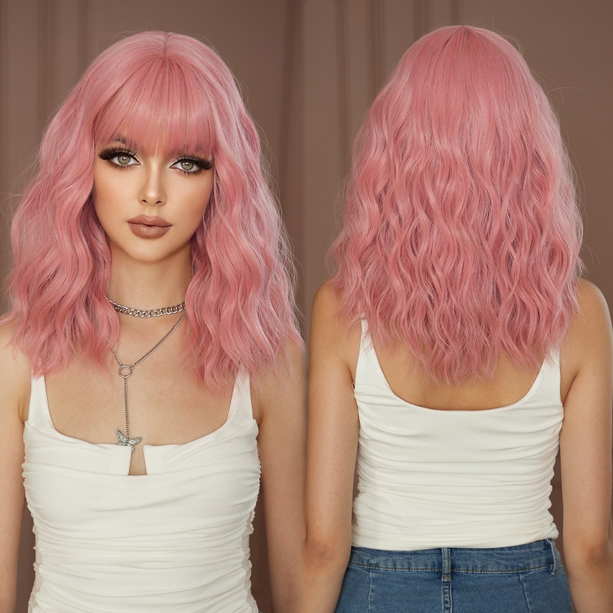 Pink Wavy Wigs With Bangs Short Bob Wavy Wigs for Women Curly Synthetic Cosplay