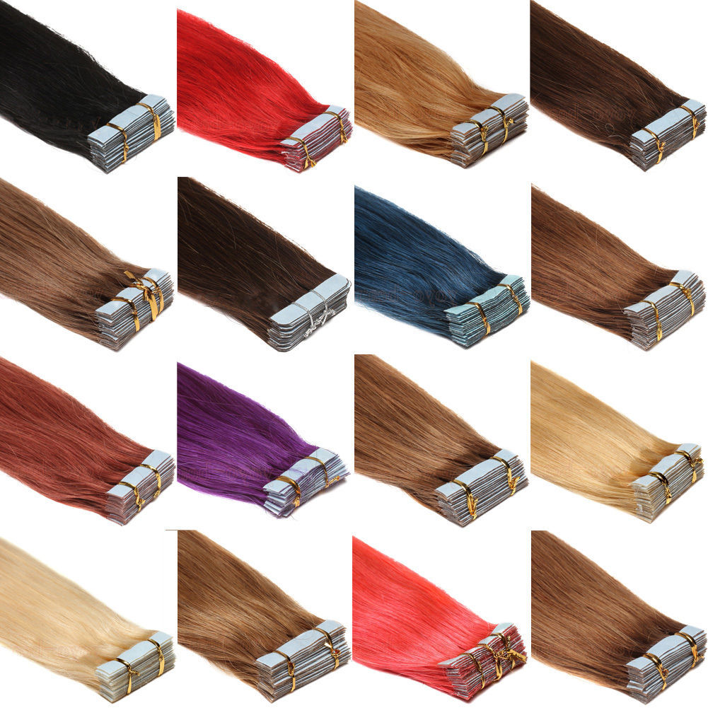Tape In Real Human Hair Extensions Invisible Glue Skin Wefts Full Head Remy Hair