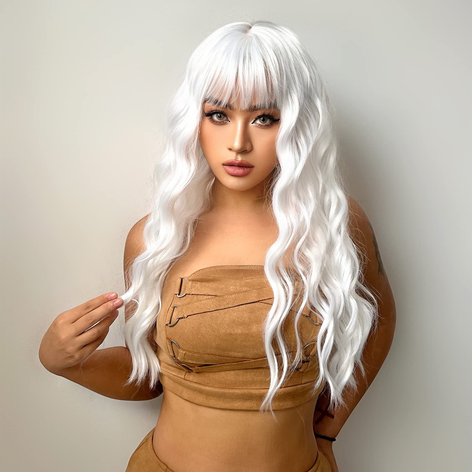 White Wig with Bangs Synthetic Long Wavy Curly Wig for Women for Halloween Co…