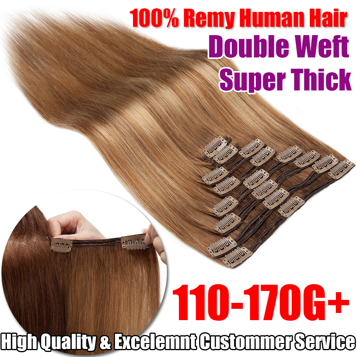 100% Real Soft Double Weft Clip In Remy Human Hair Extensions Full Head Thick US