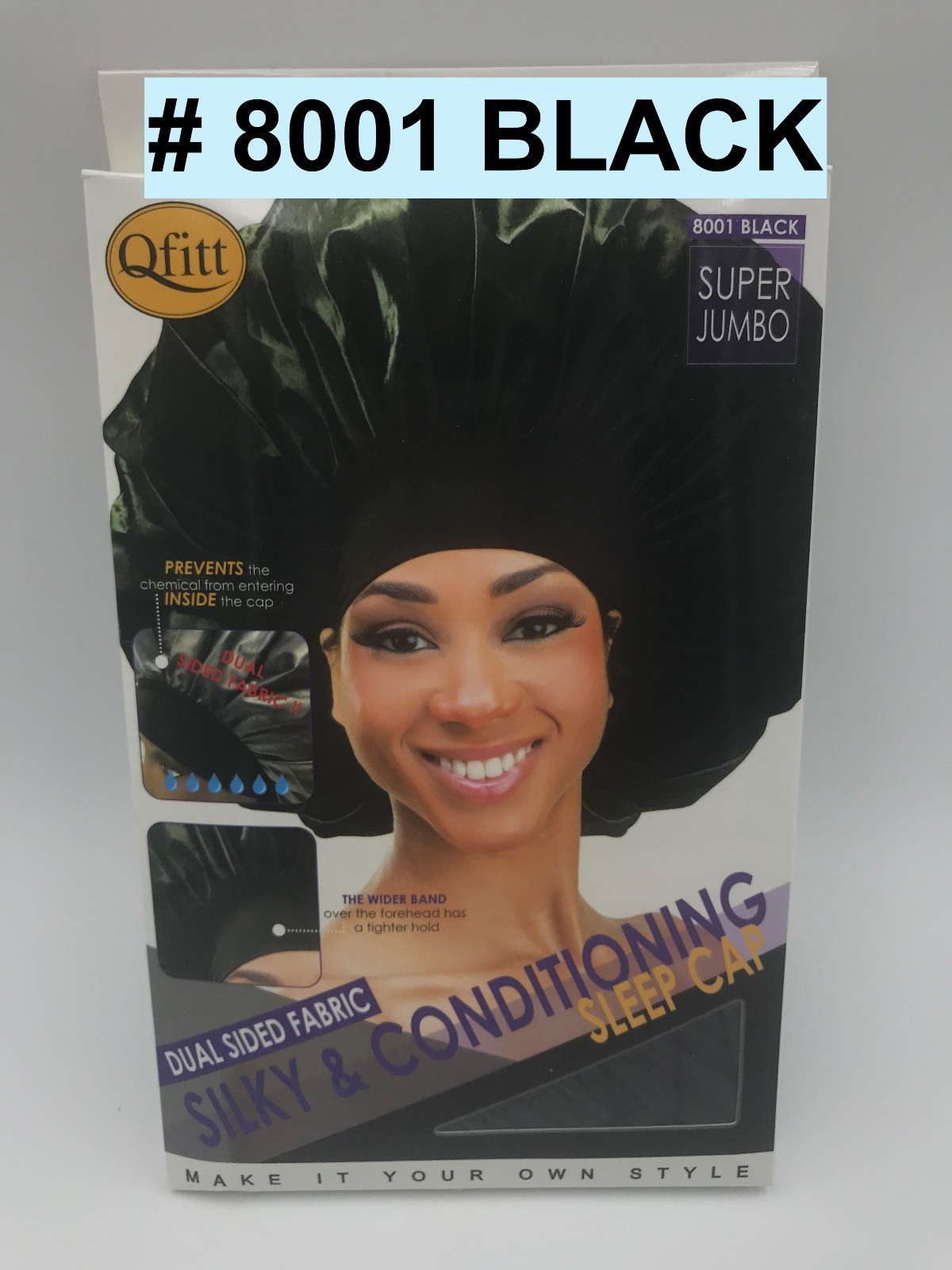 QFITT DUAL SIDED FABRIC SILKY & CONDITIONING SLEEP CAP #8001 BLACK JUMBO