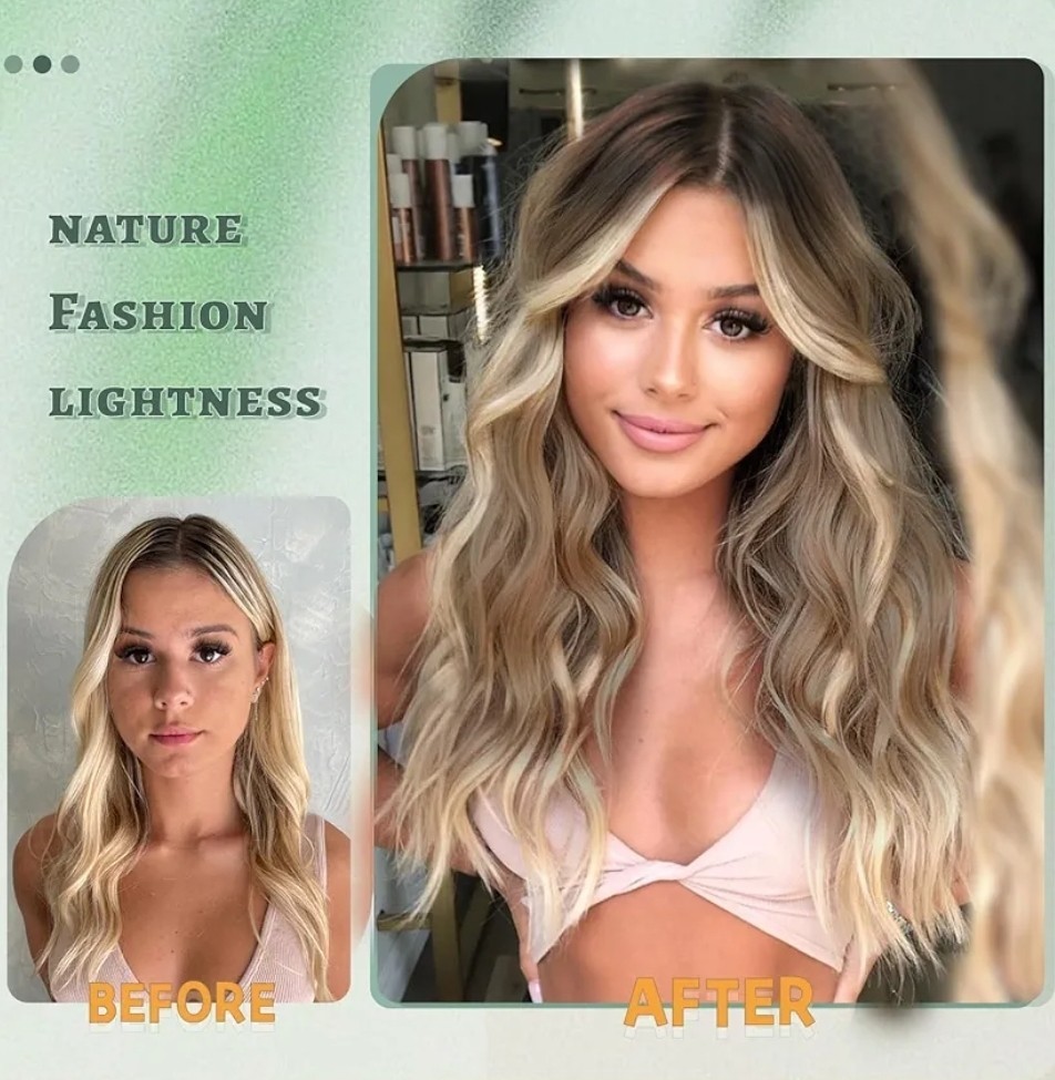 HD Lace Front Wig Human Hair Blend Highlights Wavy Brown X Blonde Balayage