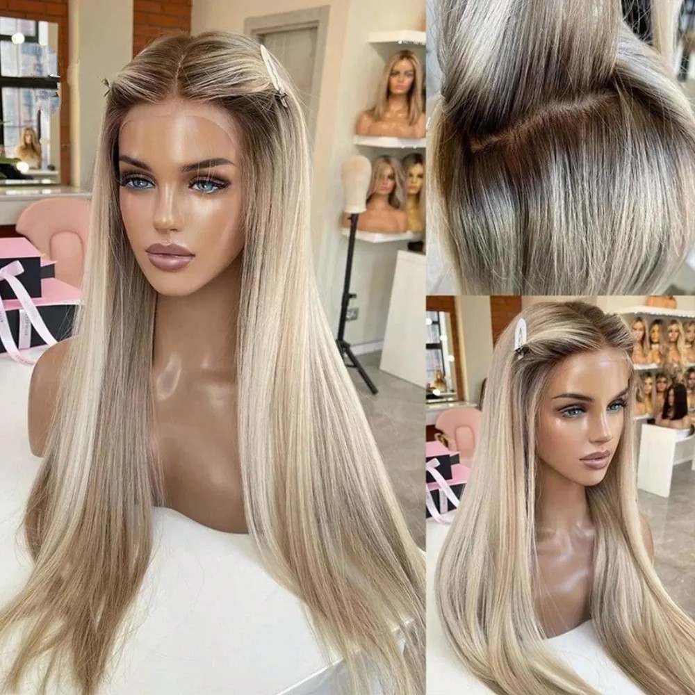 Women’s Long Straight Brown Blonde Ombre Color Hair 13×4 Pre Plucked Natural Wig