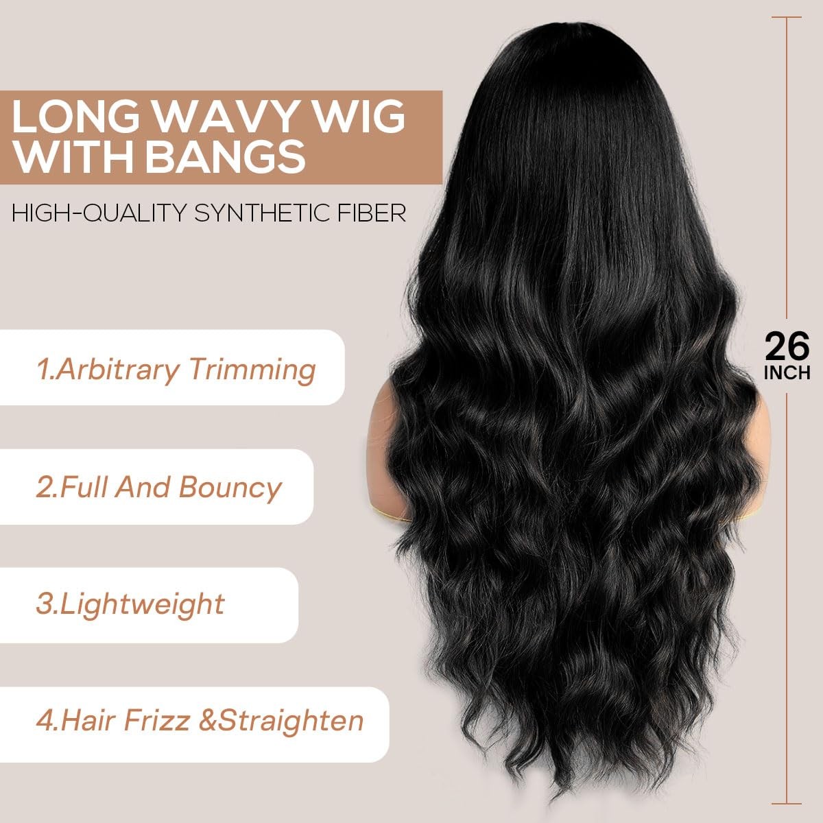 Black Wig with Bangs 26 Inch Long Curly Wavy Wigs for Women Begineer-Friendly…
