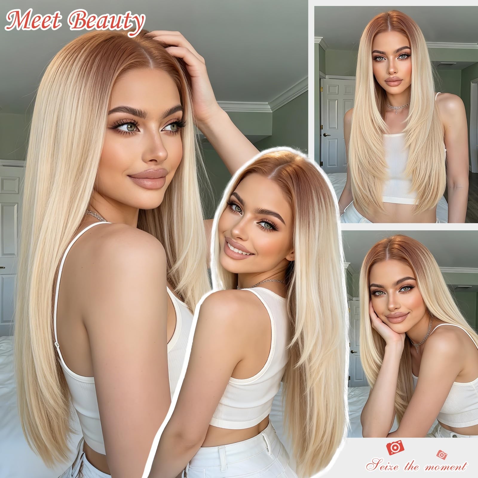 Highlight Blonde Lace Front Wigs For Women lace Hairline Long Straight Layere…