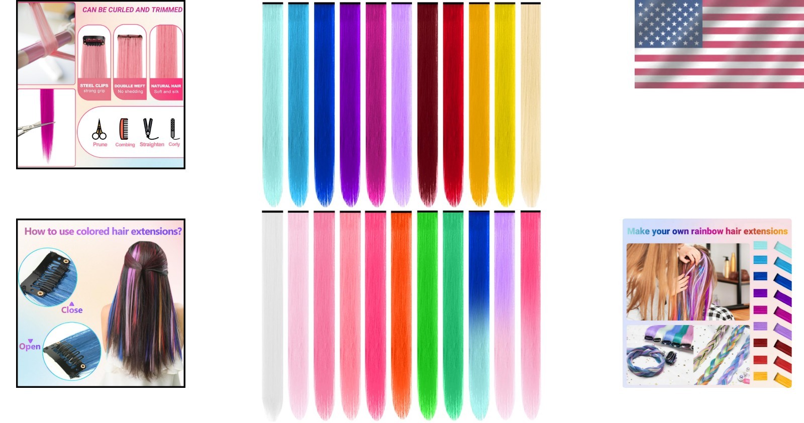 22 Inch Multi-Color Clip-In Synthetic Hair Extensions for Parties & Cosplay