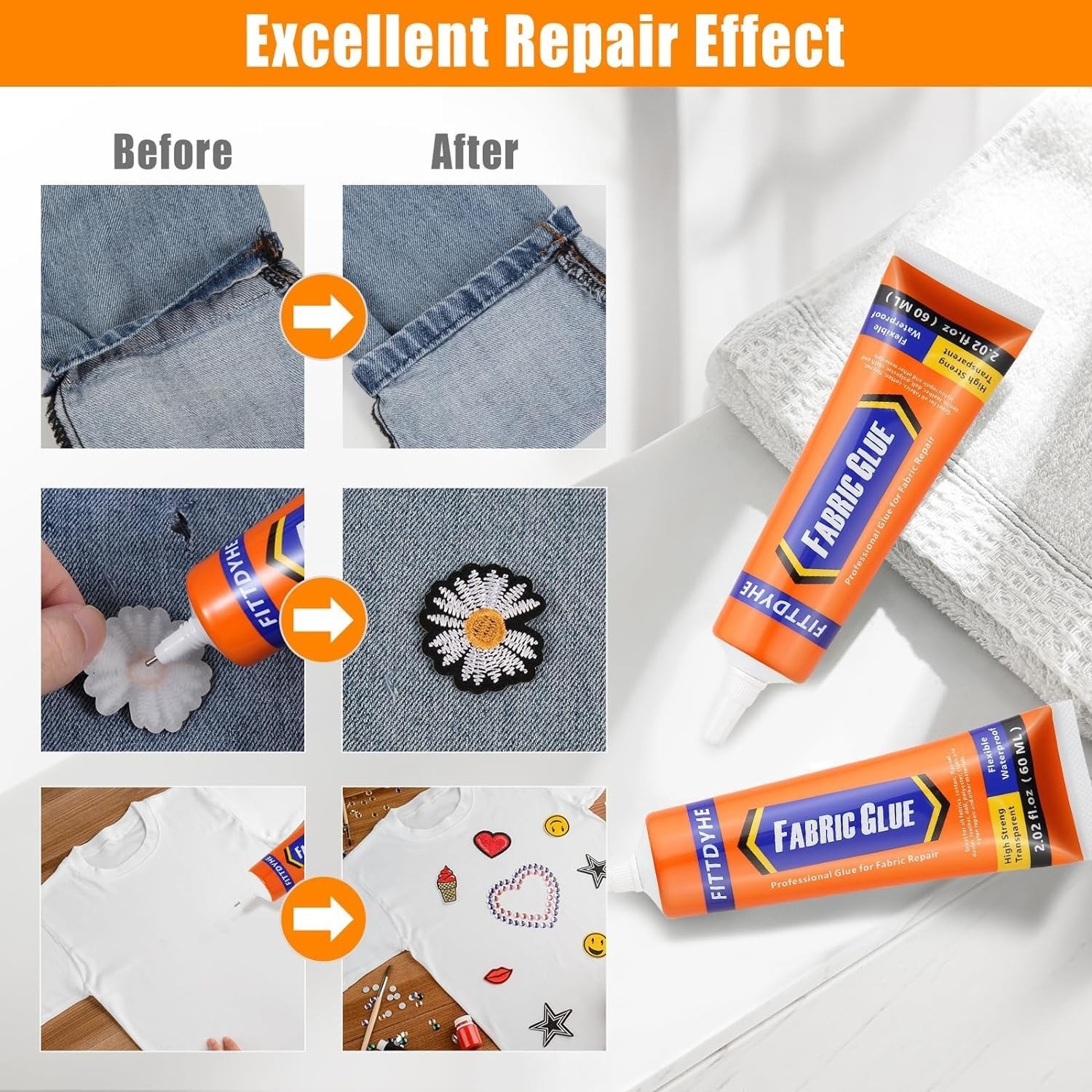 2 Pack Permanent Fabric Glue 60ML Washable Clear Adhesive for Clothes, Denim, Pa