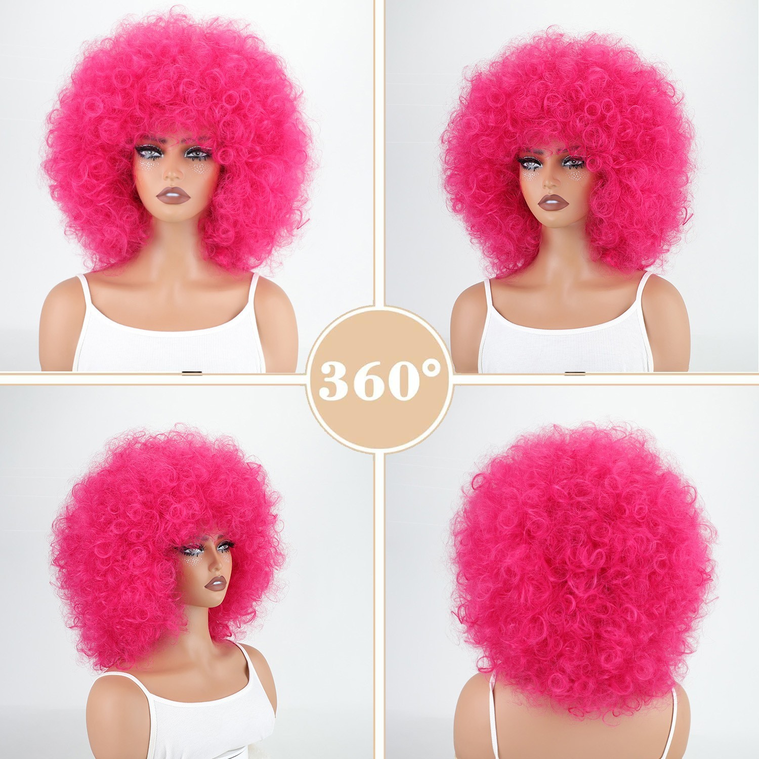 Hot Pink Afro Wigs for Black Women 70s Short Afro Kinky Curly Wig with Bangs Fl