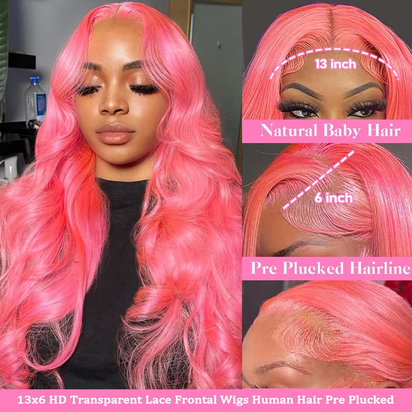 Elfsecret Pink Lace Front Wigs Human Hair For Women Hot Pink 13X6 Body Wave