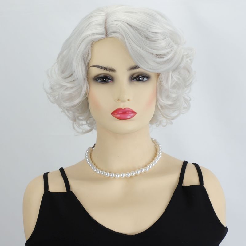 White Wavy Wig Vintage Style for Women Heat Resistant Synthetic Full Cosplay