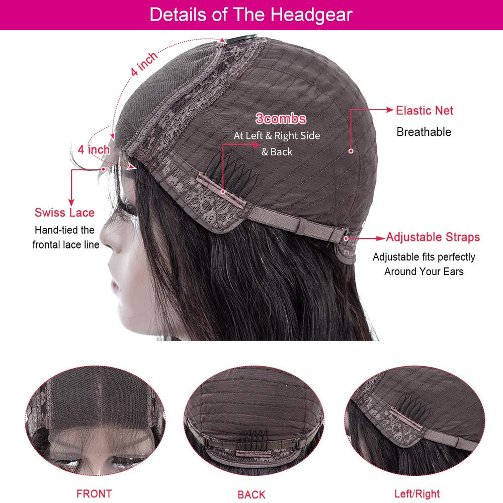 Magviila Short Straight Bob Wigs Human Hair 4X4 Lace Front Closure Natural Black