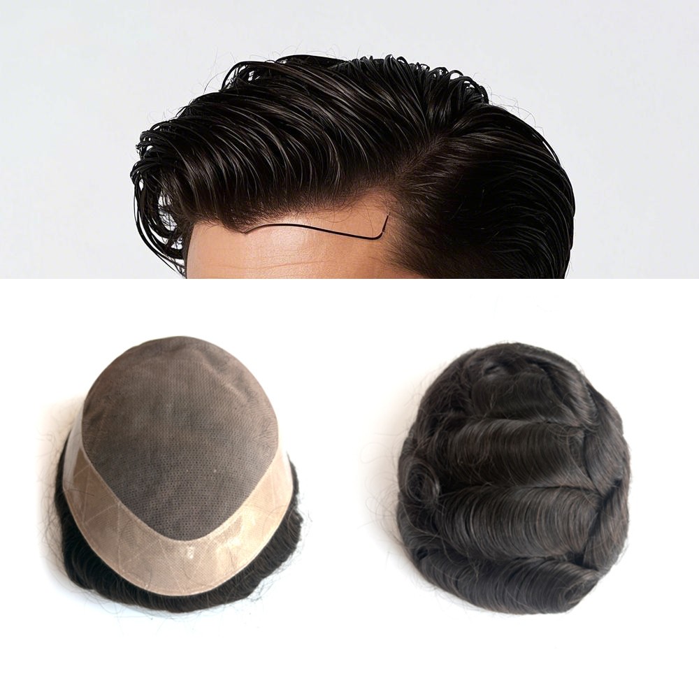 Durable Mens Toupee Human Hair Replacement Fine Mono PU System Hairpieces #1B