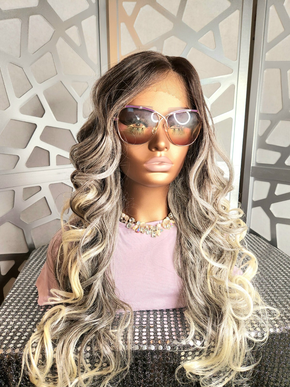 Lace Front Wig Human Hair Blend Ombre Blonde Curly Long Wig Highlights Glueless