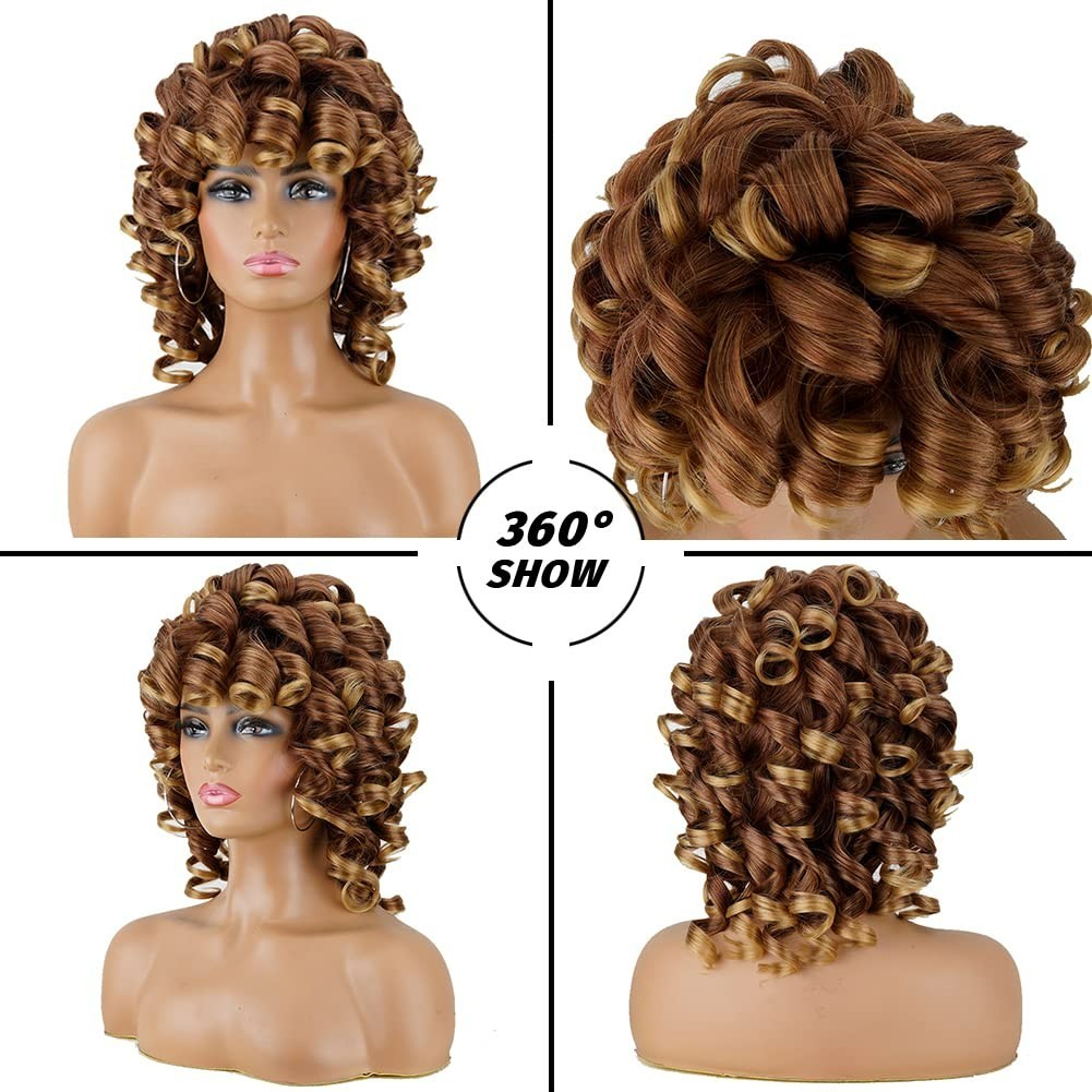 Short Afro Kinky Curl Wig with Bangs – 14-Inch Synthetic Beauty in Ombre Blonde
