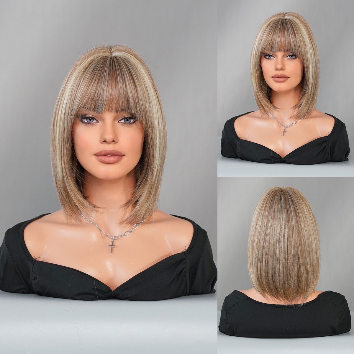 Short Bob Wig Brown Blonde mix Beige Highlight Full Head Fashion Sythenic Wigs