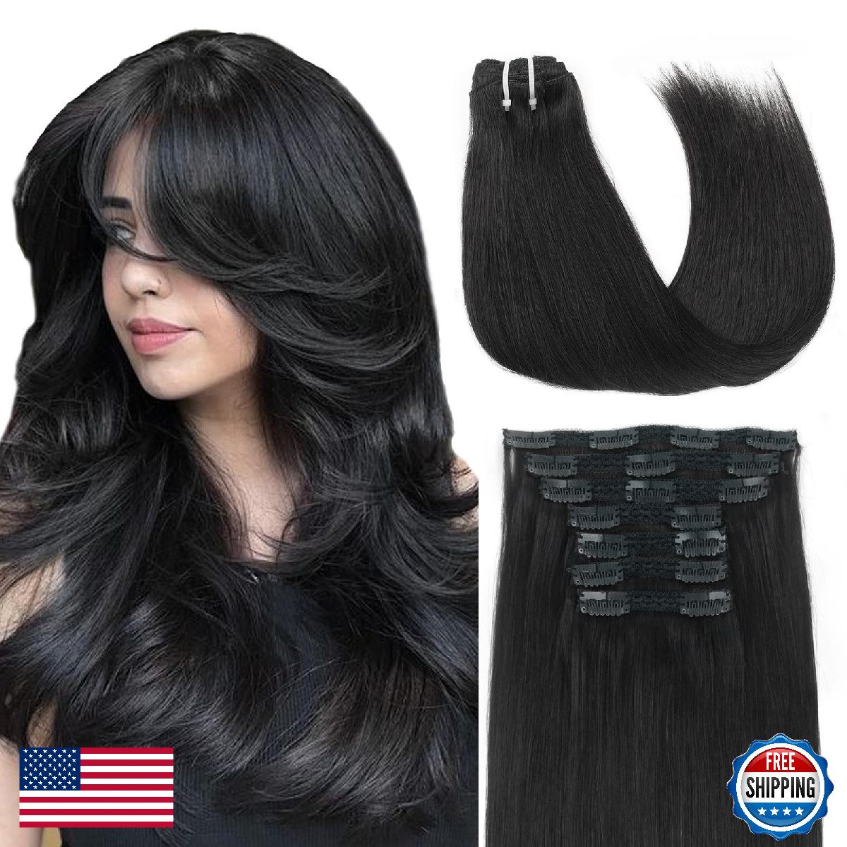 Lovrio 140G 22 Inch 9A Grade Clip In Human Hair Extensions Jet Black Double
