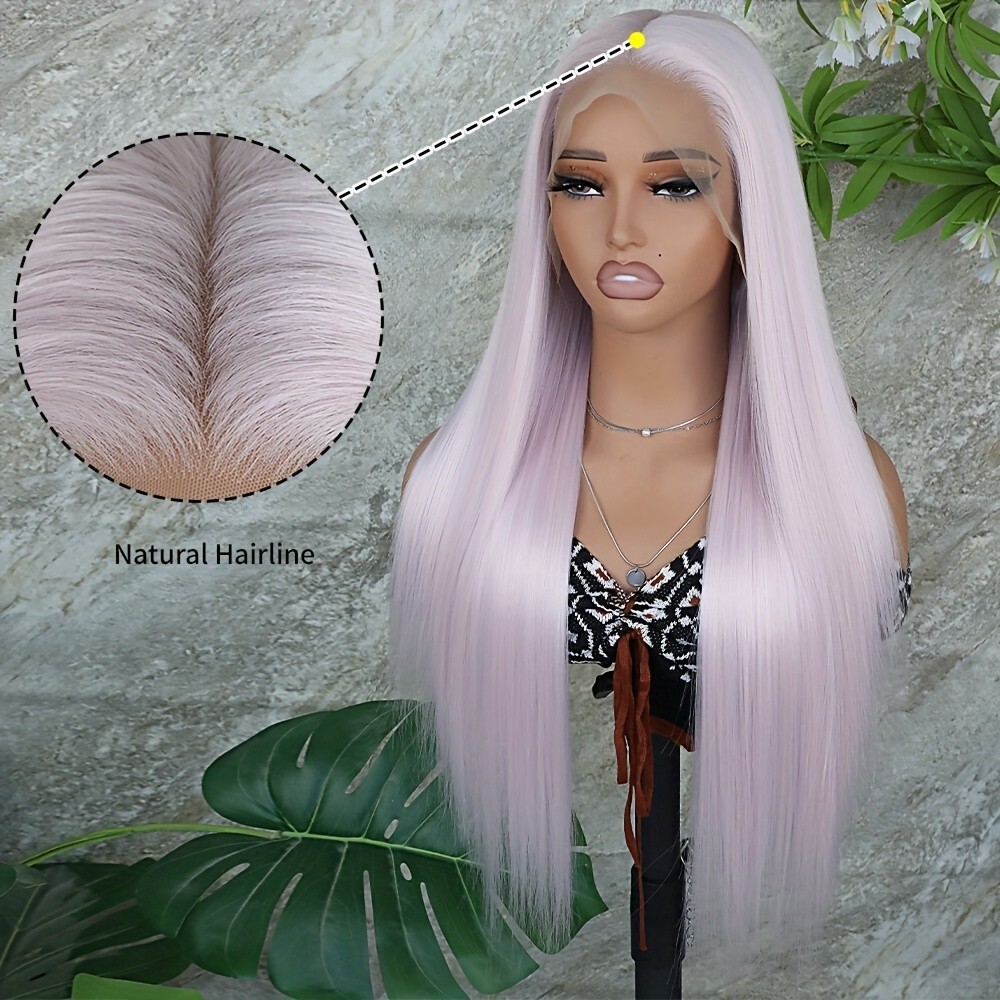 13×6 Free Part Light Pink Long Silky Straight Synthetic Lace Front Wig for Women