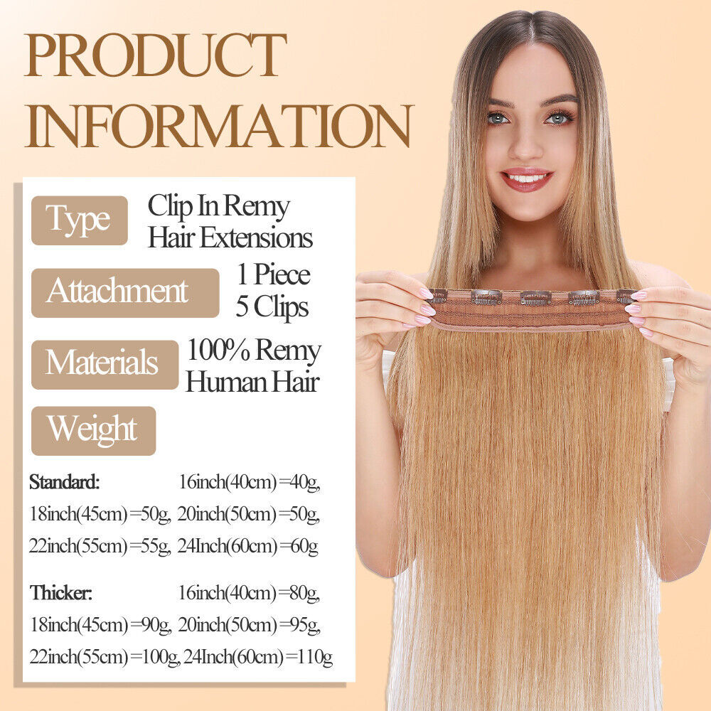 THICK One Piece Clip In 100% Remy Human Hair Extensions Remi 3/4 Full Head Ombre