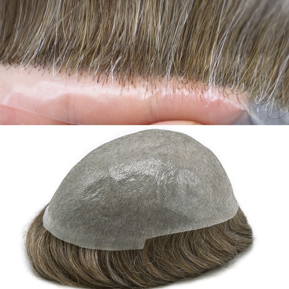 Ultra Thin Skin Hairpiece Invisible Poly PU Mens Toupee Hair Replacement 0.04mm
