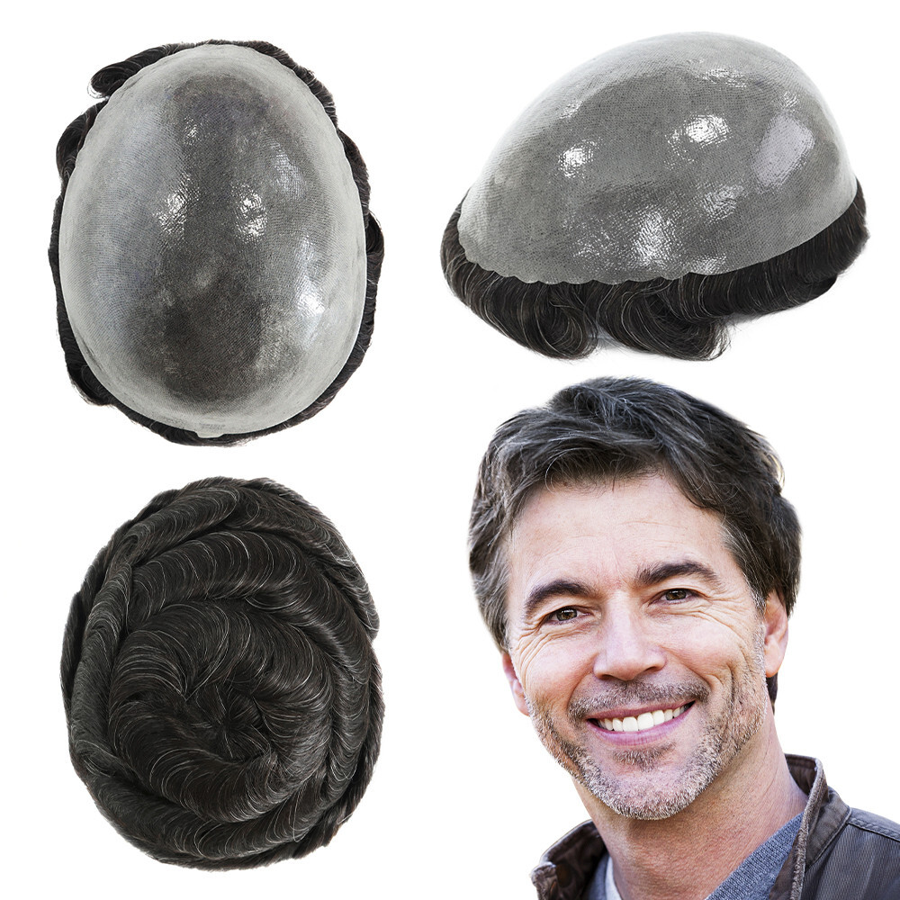 Mens Human Hair Replacement System Poly Skin Toupee Scalloped Hairpieces #1B10