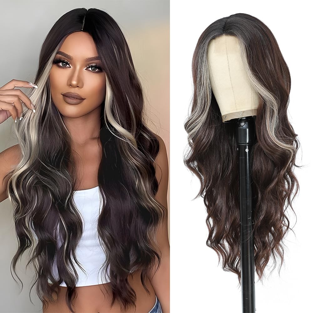 Long Wavy Wig for Women 26 Inch Middle Part Curly Wigs with Lace Hairline Syn…