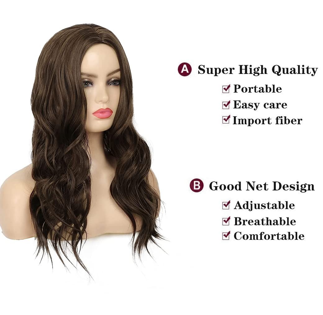 Long Curly Wavy Brown Wig for Women Middle Part Hair Replacement Wigs Synthet…
