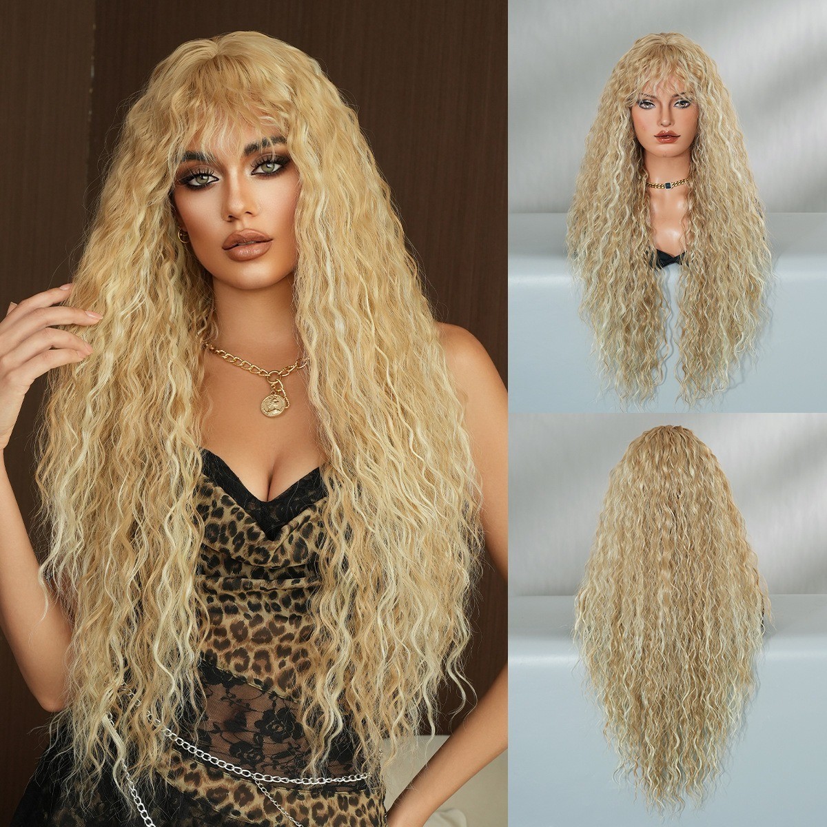 Black spring coil wig with deep wavy long hair for black people with air bangs
