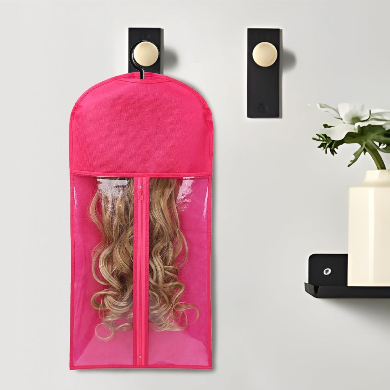 3PCS Hot Pink Wig Hook Hanger Hair Holder Storage Dustproof Bag Non-Woven Fabric