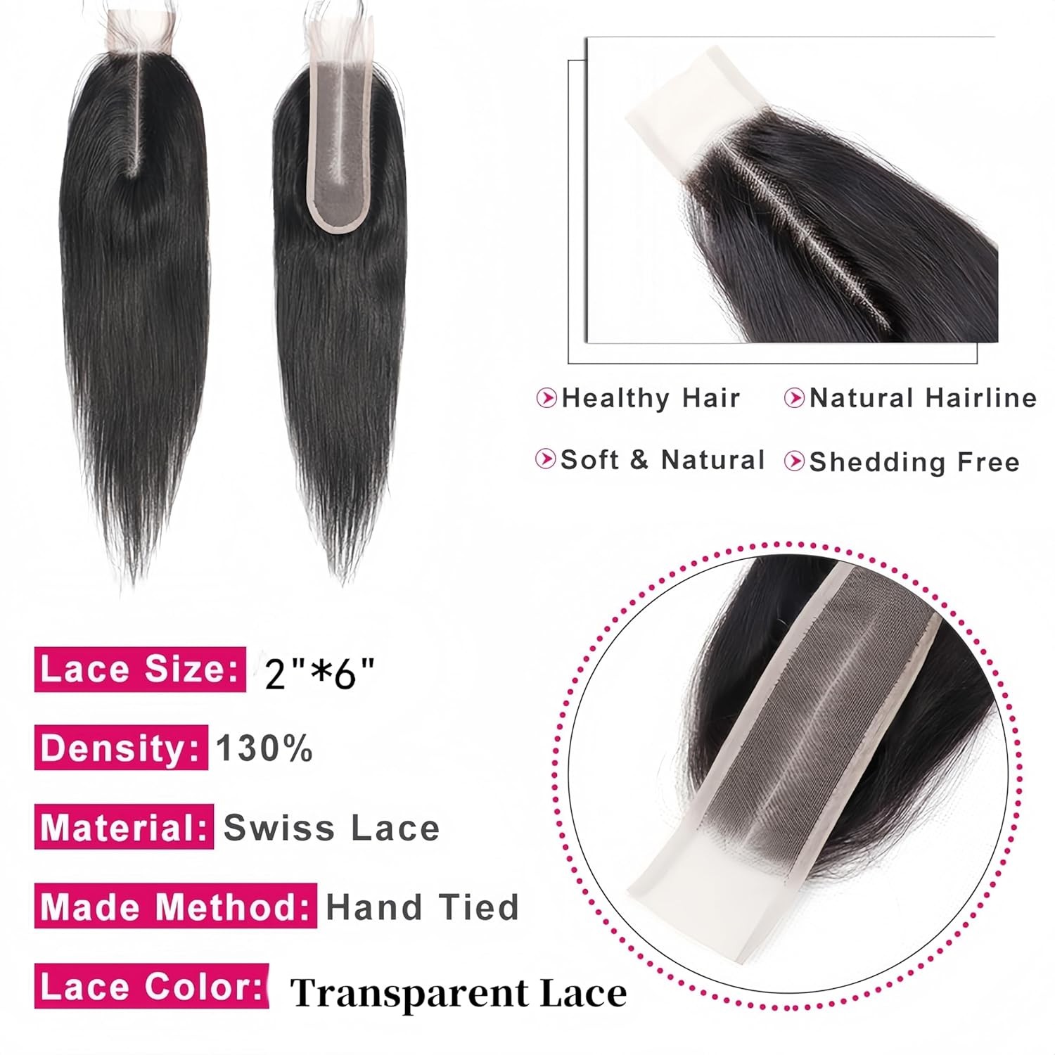 100% Remy Brazilian Straight Hair 2×6 Lace Closure Middle Part Bleached