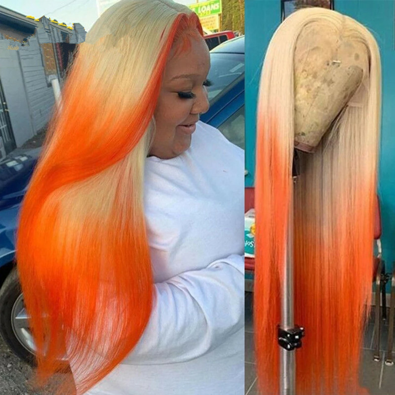 Long Straight Ombre Blonde to Orange Lace Front Fiber Wig Heat Safe Fashion Cos